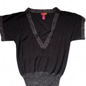 Catch My I Brown & Sparkly cinched V-neck sweater with short sleeves